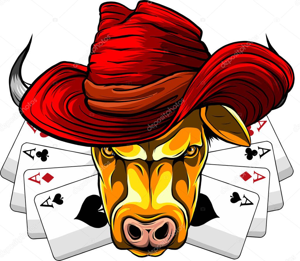 Vector illustration oh head bull with hat on white background.
