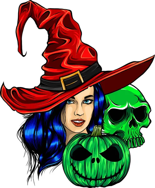 Illustration Skull Witch Pumpkin White Background — Stock Vector