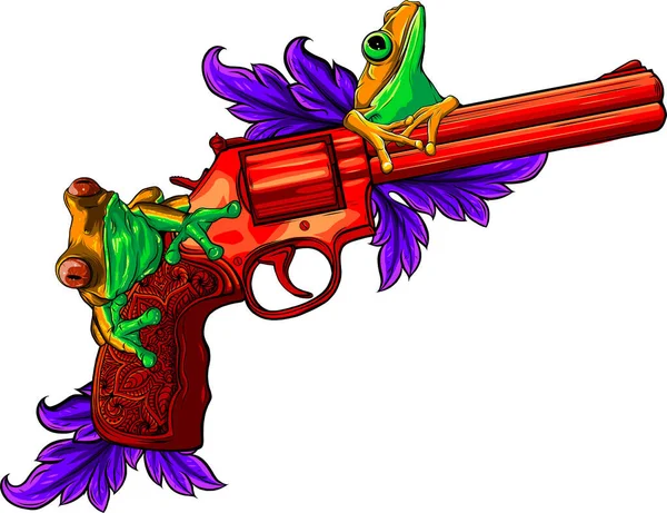 銃リボルバー拳銃6つのシューティングゲームヴィンテージレトロな木版画や彫刻スタイルで描画 — ストックベクタ