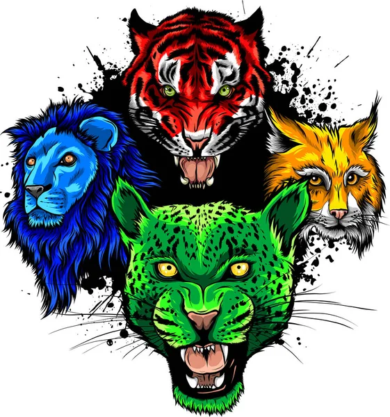 Cabezas Animales Salvajes León Tigre Jaguar Lince Vector Logotipo Mascota — Vector de stock