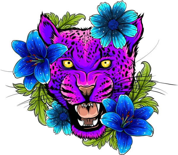Lampart Jaguar Kwiatami Twarz Jaguara Kwiatami Kolorowy Tatuaż Ilustracja Wektora — Wektor stockowy