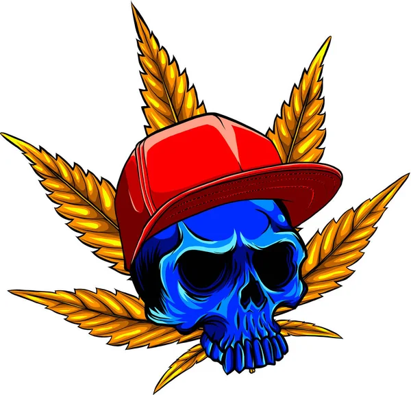 Illustrazione Vettoriale Verde Teschio Con Cappello Giallo Foglie Marijuana Sullo — Vettoriale Stock