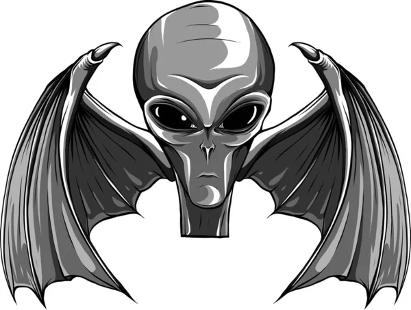 Illustration Alien Head Bat Wing White Background — Stock Vector