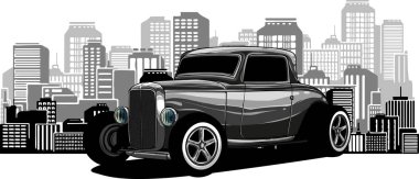 Arka planda şehir olan hot rod arabasının çizimi
