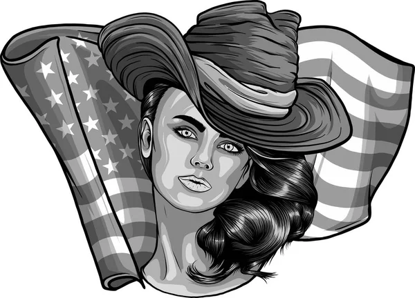 Ilustração Mulher Com Chapéu Cowboy Bandeira Americana —  Vetores de Stock