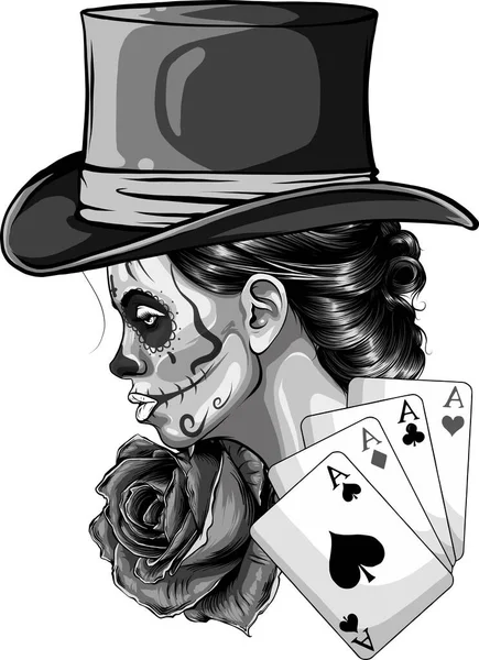 用扑克牌和玫瑰画女人的头 — 图库矢量图片