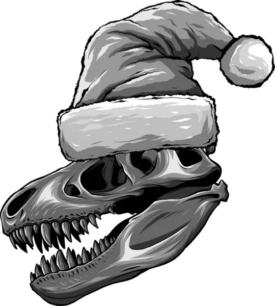 圣诞老人帽中恐龙的图形骷髅 古代猛禽的传病媒介元素 — 图库矢量图片