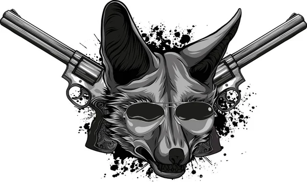 Απεικόνιση Του Κεφαλιού Fox Δύο Πυροβόλα Όπλα — Διανυσματικό Αρχείο