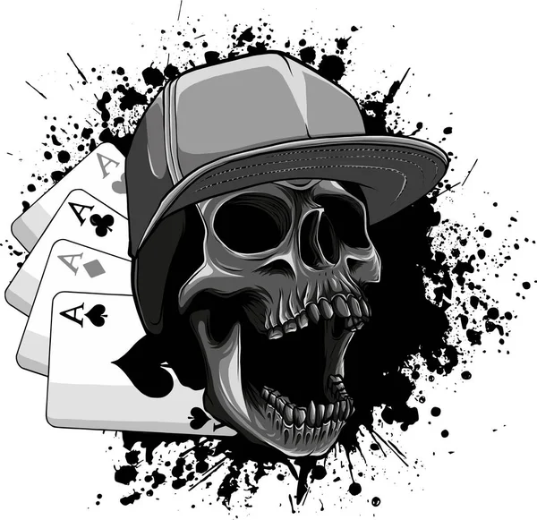 Poker Face Skull Och Fyra Ess Vektor Illustration — Stock vektor
