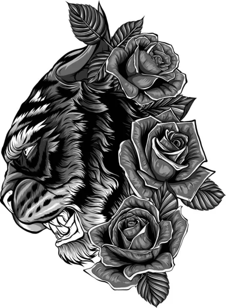Ilustração Vetorial Cabeça Rugindo Tigre Tatuagem Rosas —  Vetores de Stock