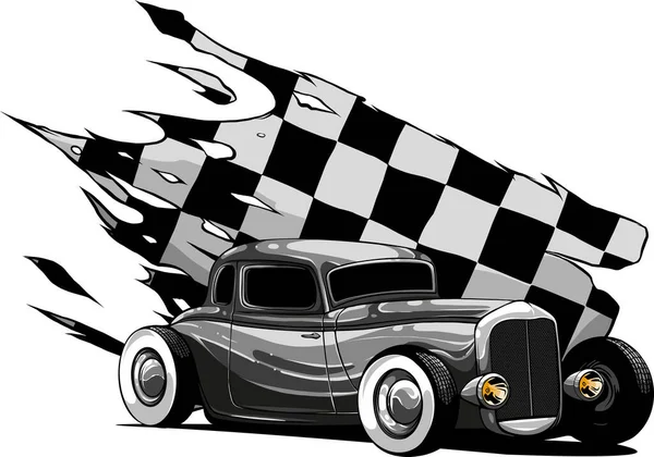 Illustrazione Hot Rod Auto Con Bandiera Gara — Vettoriale Stock