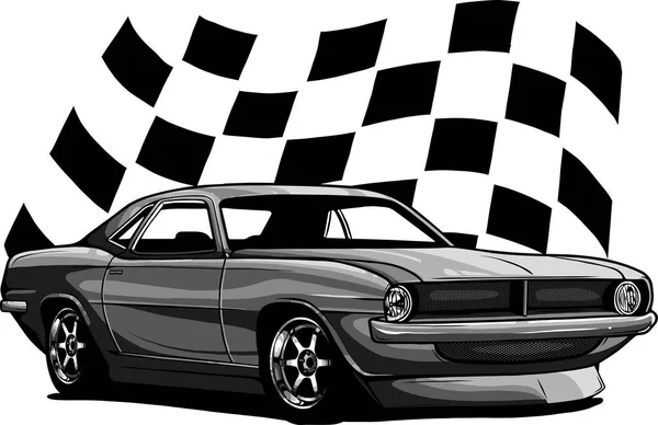 Ilustración Muscle Car Con Bandera Carrera — Vector de stock