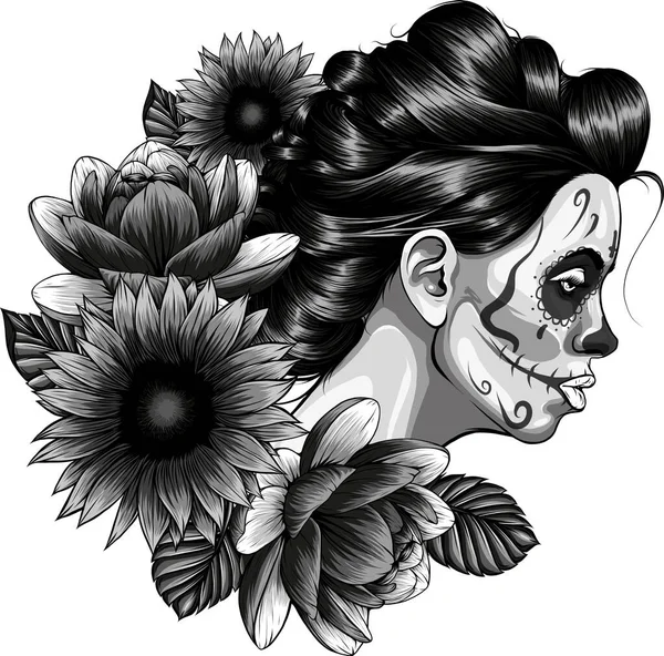 Illustrazione Donna Skull Sugar Flower — Vettoriale Stock
