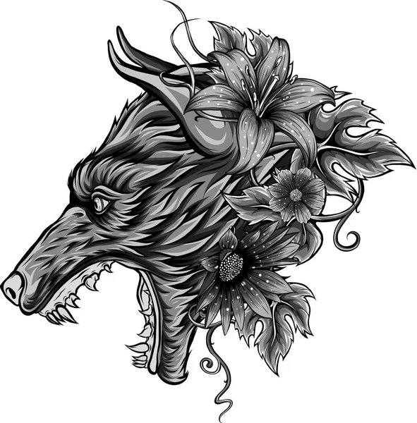 Ilustración Flores Lobos Cabeza — Vector de stock