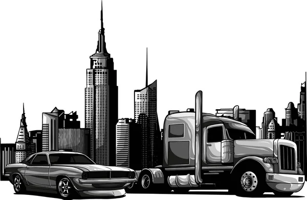 Ilustração Semi Caminhão Cidade Fundo — Vetor de Stock