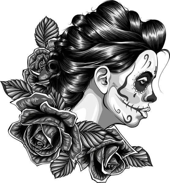 Day Dead Colorful Sugar Skull Girl Floral Ornament Flower — Stock Vector