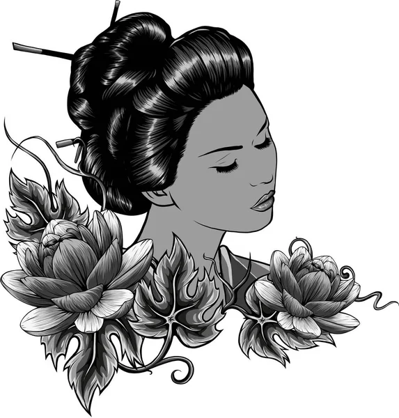 Vektorová Černobílá Asijská Geisha Žena Ilustrace — Stockový vektor