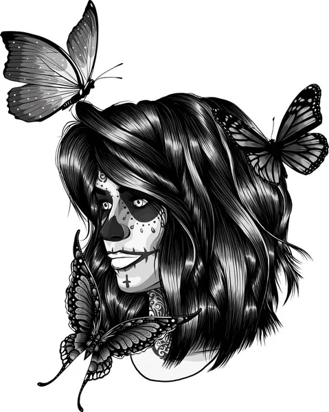 Belle Fille Avec Sugar Skull Peinture Visage — Image vectorielle