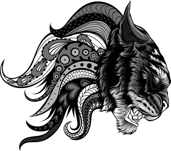 Ilustración Cabeza Tigre Con Mandalas Decorativas — Vector de stock