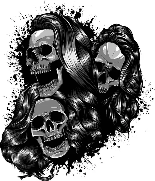 Ilustração Crânios Mulher Com Cabelos Longos — Vetor de Stock