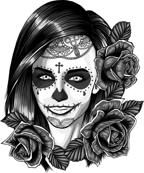 Illustration Skull Woman Med Rosor — Stock vektor