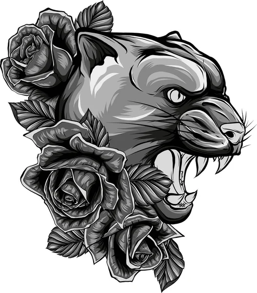 Illustrazione Pantera Con Fiore Rose — Vettoriale Stock