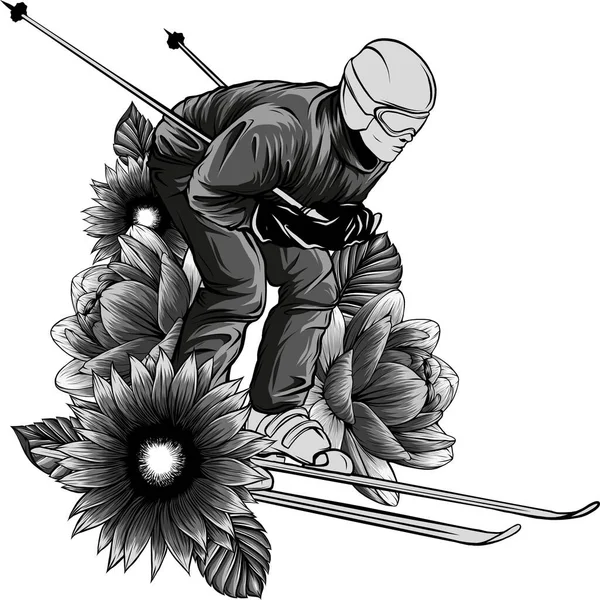 Illustration Ski Homme Avec Fleur — Image vectorielle