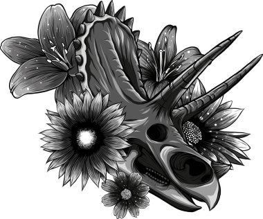 Çiçekli triceratops kafatası çizimi