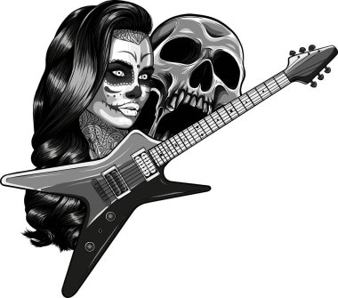Kafatası ve kız kafasıyla gitarın çizimi