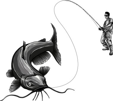 illustration of fisherman catching a catfish clipart