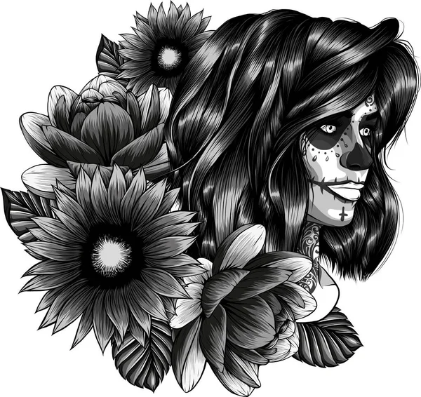 Ilustracja Czaszki Dziewczyna Kwiatem — Wektor stockowy