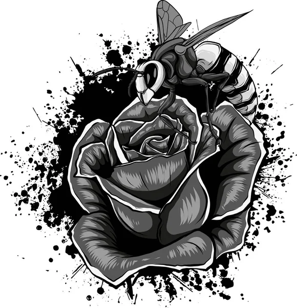 Vektorillustration Der Biene Auf Rose — Stockvektor