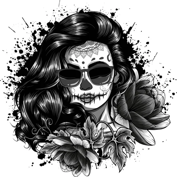Ilustración Cráneo Chica Con Flor — Archivo Imágenes Vectoriales