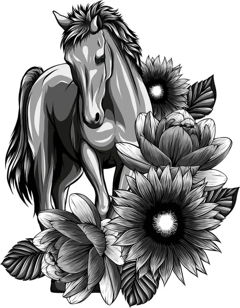 Illustration Von Pferd Mit Blume Auf Weißem Hintergrund — Stockvektor