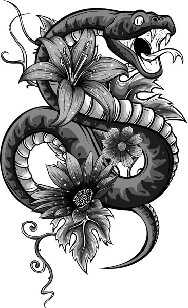 Illustration Der Schlange Mit Blume Und Blättern — Stockvektor