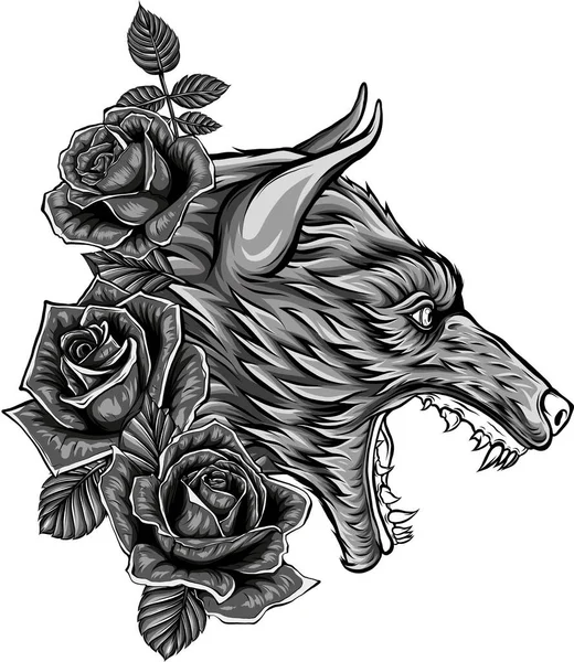 Illustration Von Wolf Und Rosen Auf Weißem Hintergrund — Stockvektor
