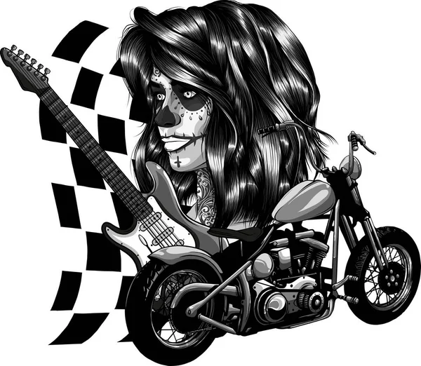 Illustration Femme Moto Crâne Guitare Sur Fond Blanc — Image vectorielle