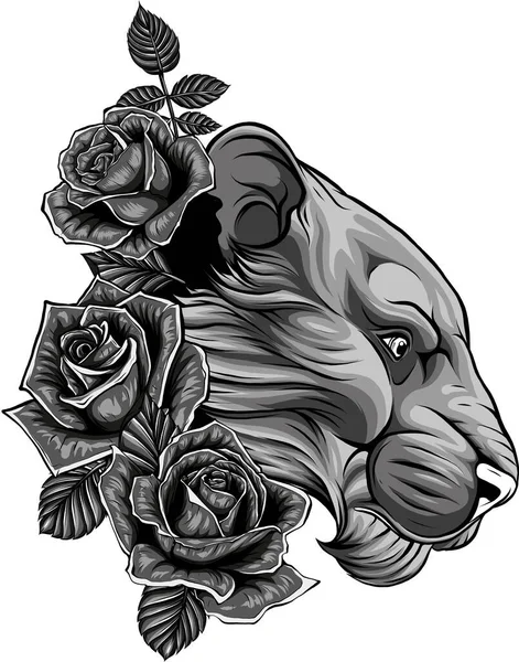 Ilustração Cabeça Leão Fêmea Com Rosas — Vetor de Stock