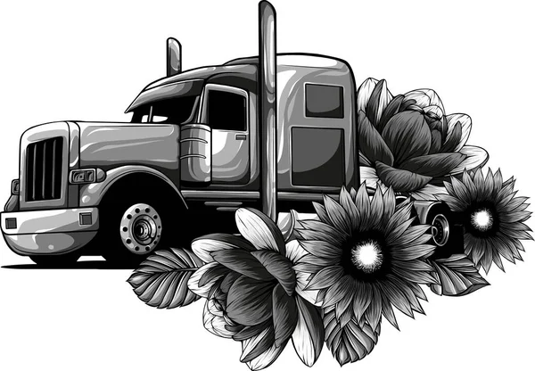 Ilustração Semi Caminhão Com Flor Sobre Fundo Branco — Vetor de Stock