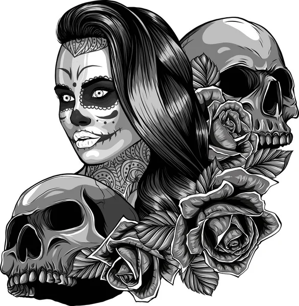 Illustration Dead Girl Two Skulls — Stock Vector