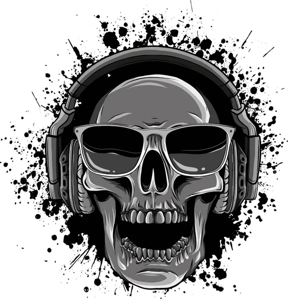 Crâne Humain Vecteur Écoutant Musique Sur Écouteurs — Image vectorielle
