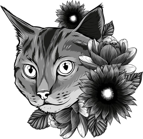 Иллюстрация Головы Кошки Котенка Цветком — стоковый вектор