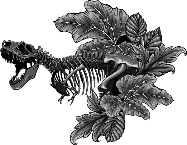 Illustration Tyrannosaurus Rex Dinosaurie Skelett Med Blad — Stock vektor