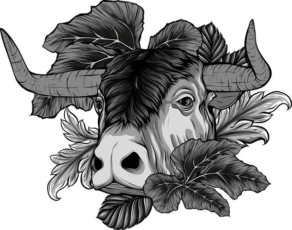 Illustrazione Della Testa Toro Con Foglie — Vettoriale Stock