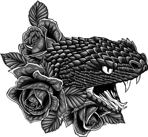 Ilustración Cabeza Serpiente Con Rosas — Vector de stock