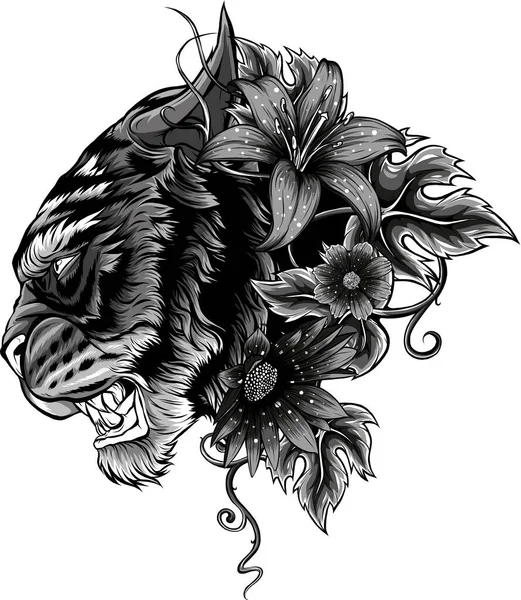 Ilustracja Głowy Tygrysa Kwiatach — Wektor stockowy