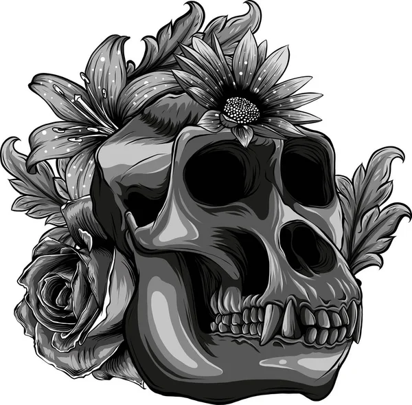 Illustration Crâne Singe Avec Fleur — Image vectorielle