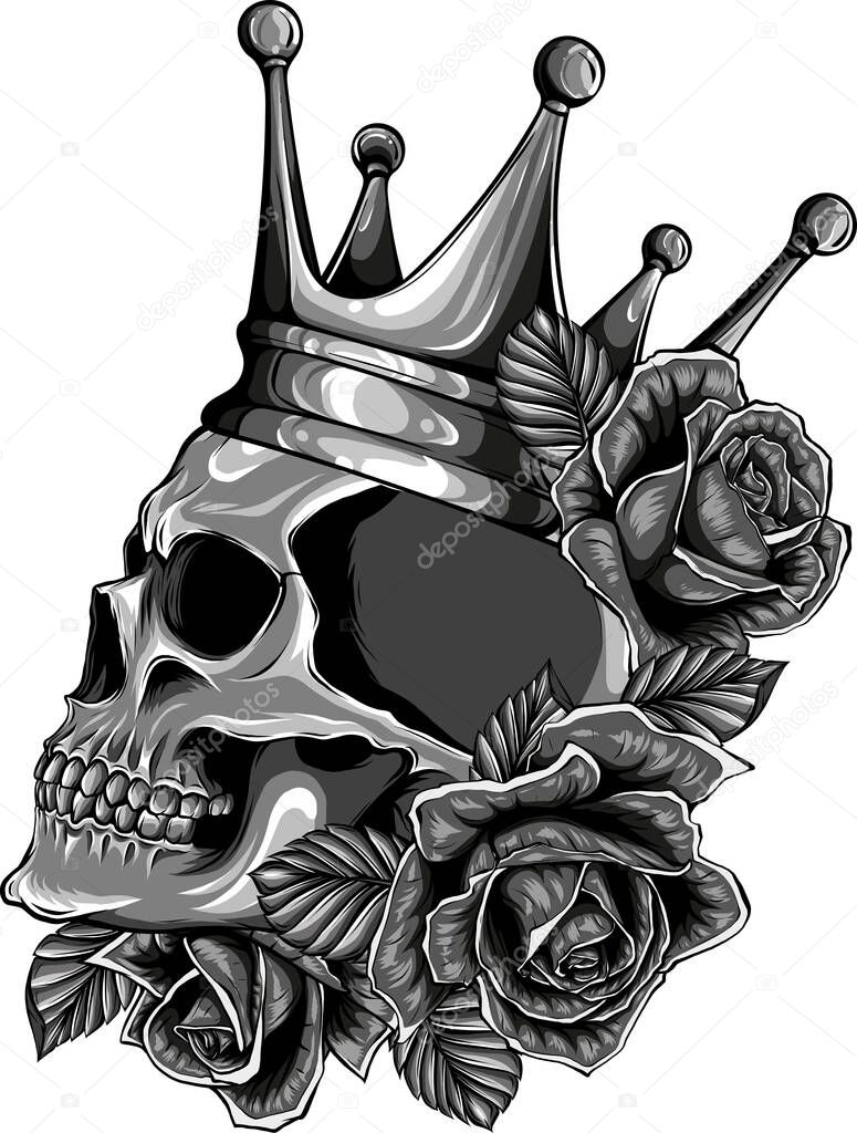 Illustration of skulls crown and red roses