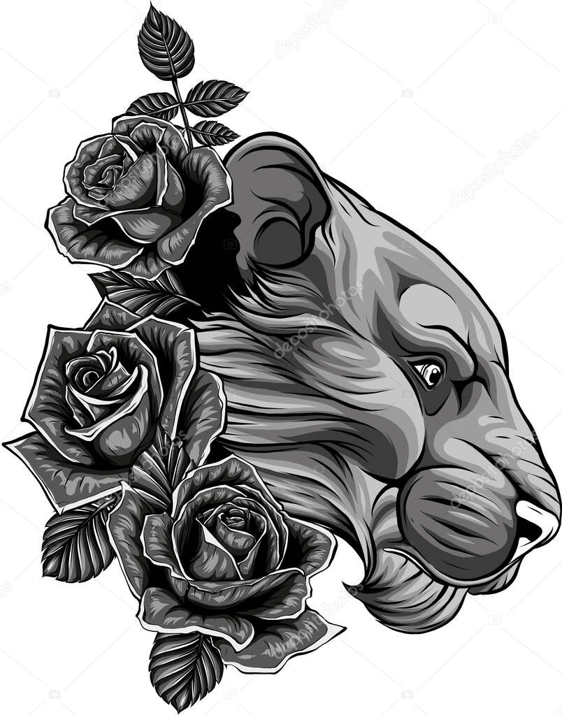Illustration of female lion head with roses