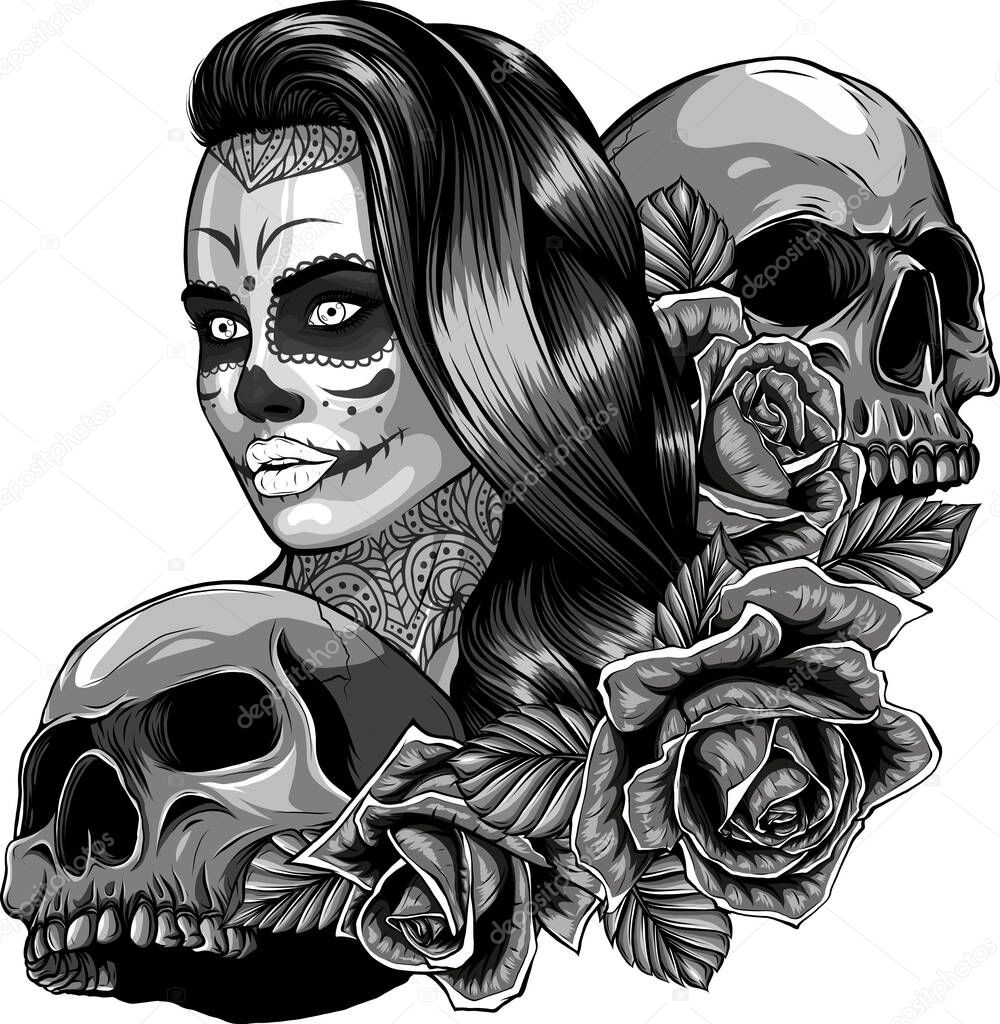 Illustration of Dead girl with two skulls.